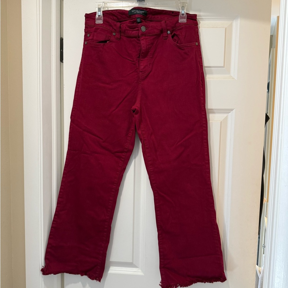 Liverpool Women's Hannah Crop Flare with Fray Hem in Red Velvet